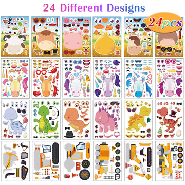24 Sheets Make A Face Sticker Sheets For Kids Todders Activities, Make Your Own Stickers With Unicorns Dinosaur Construction And