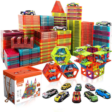 Magnetic Tiles Parking Building Playset With 10 Pull-Back Metal Cars 105Pcs For Kids Construction Stem Toy Preschool Educational