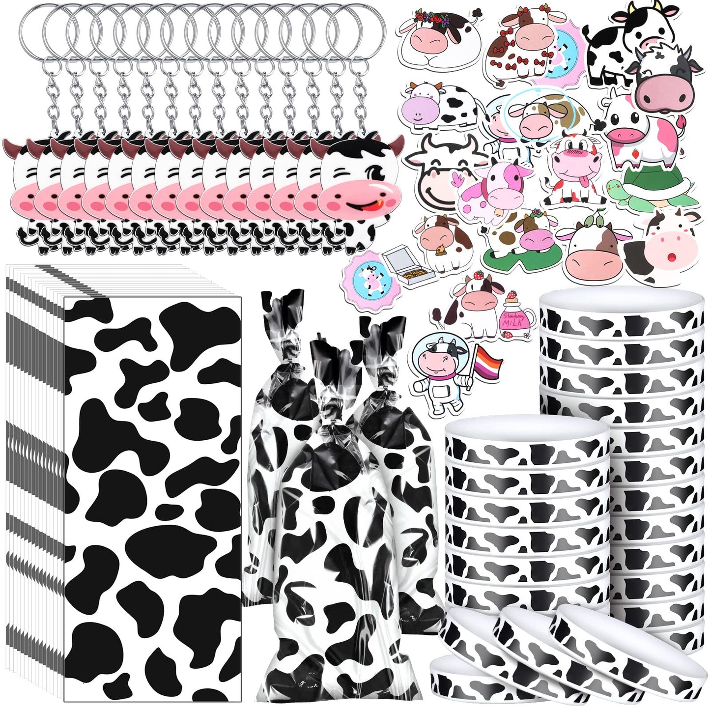 Chunful 148 Pcs Cow Party Favors Include cow Print Gift Bag Cute Keychain Elastic Silicone Bracelets Animal Stickers for Kids Gi