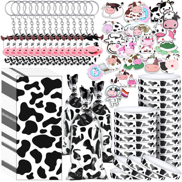 Chunful 148 Pcs Cow Party Favors Include cow Print Gift Bag Cute Keychain Elastic Silicone Bracelets Animal Stickers for Kids Gi