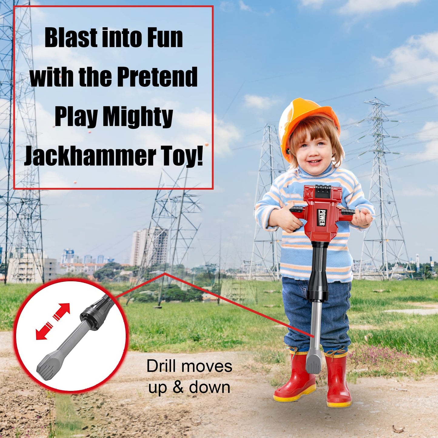 Teganplay Kids Jackhammer Toy Drill | Toddler Construction Tools And Equipments | Includes Mask Safety Goggles And Earmuffs