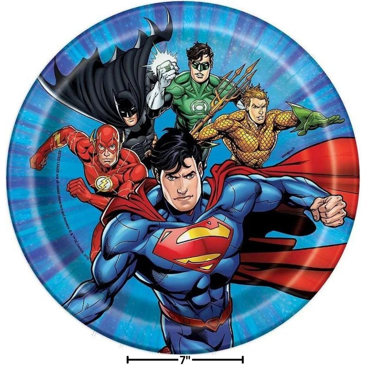 Unique Round Dessert Paper Plates - 7, Justice League, 8 Pcs
