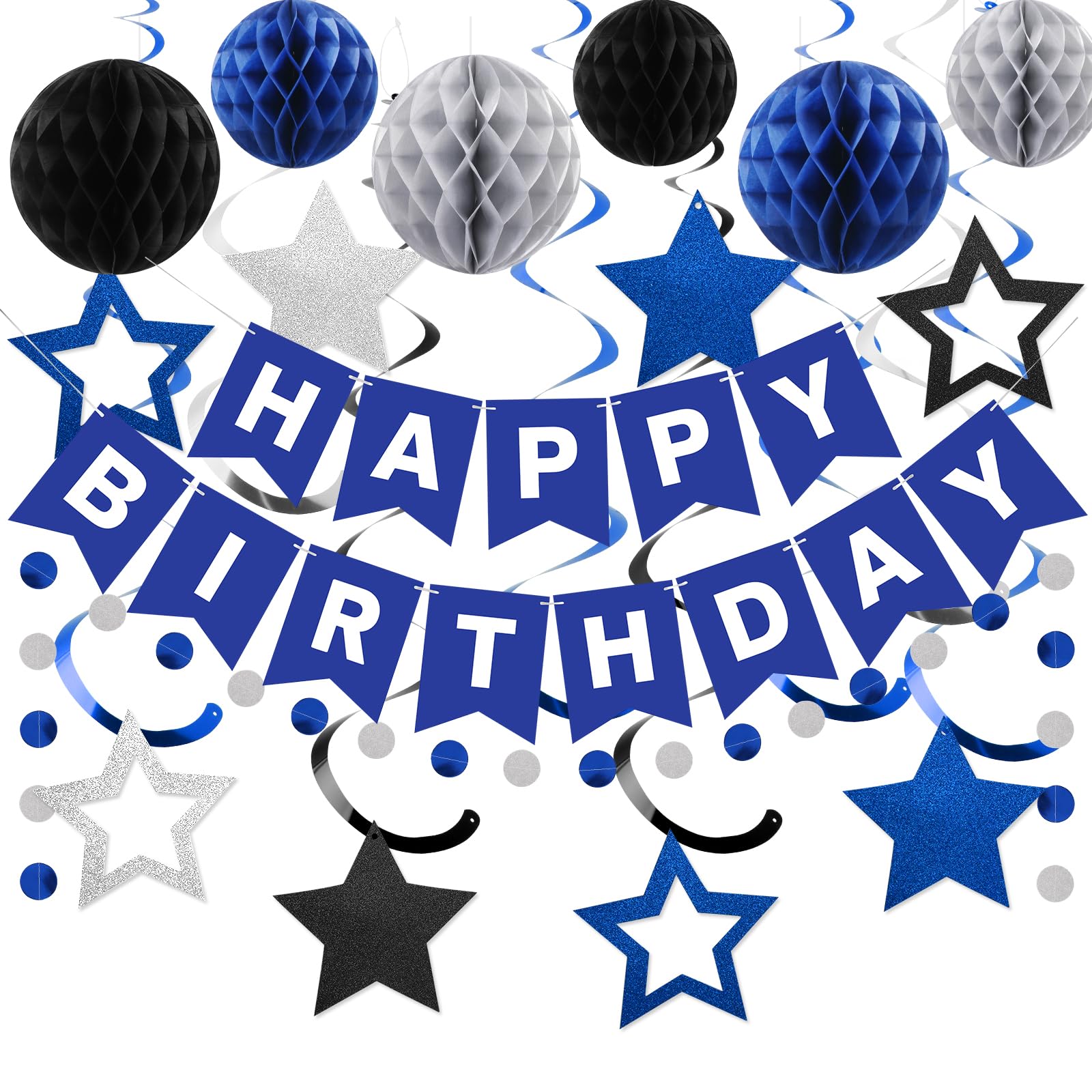 meowtastic Birthday Decorations, Happy Birthday Banner with Honeycomb Balls, Star Hanging Swirl Streamer, Circle Dot Garland, Ha