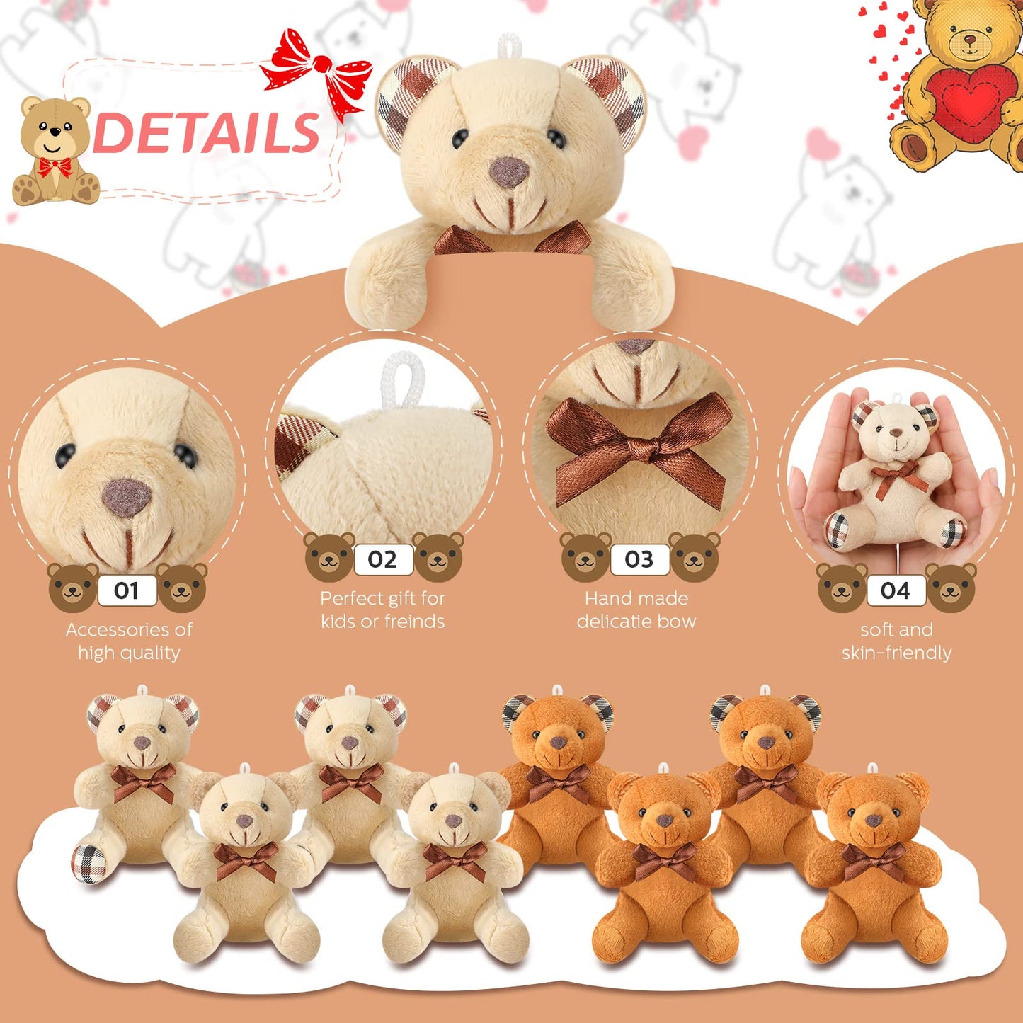 Skylety 16 Pcs Mini Plush Bear Bulk 4 Inch Bear Stuffed Animal Toy Doll Small Soft Bear Keychain For Birthday Baby Shower Weddin