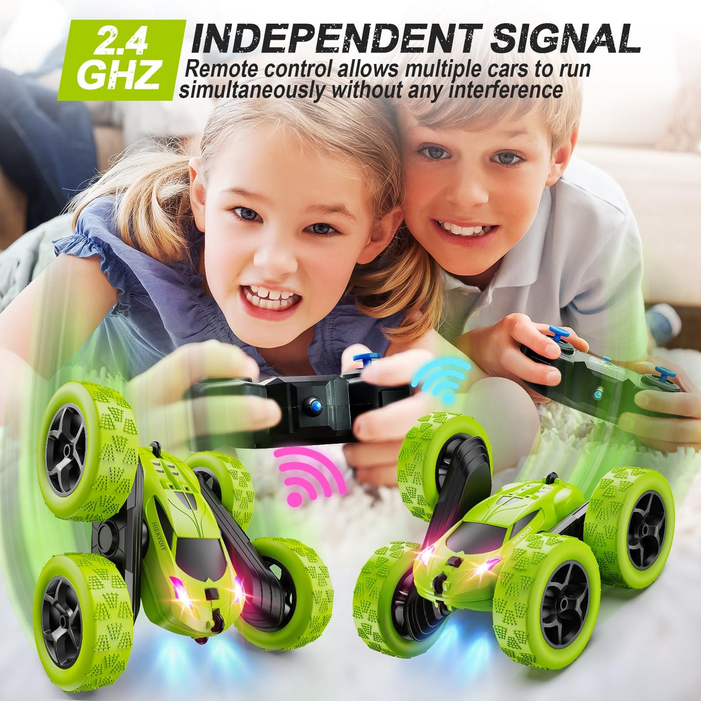 HIEKYOIT Remote Control Car for Kids Ages 6+, RC Cars Stunt Car Toy 4WD Double Sided 360 Rotating Remote Control with Headlights