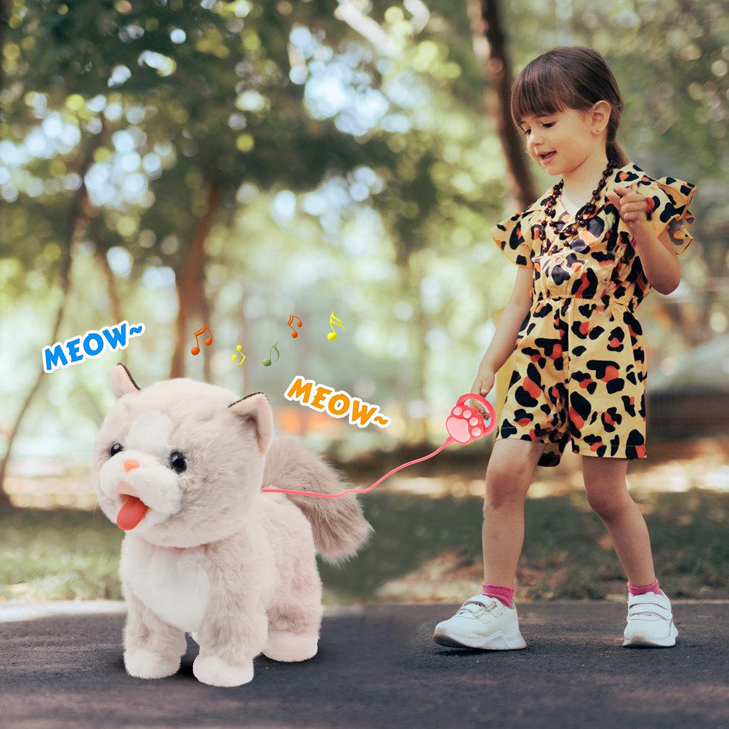 Easfan 12' Walking Kitty Electric Interactive Talking Musical Cat Plush Toy With Remote Control Leash Meowing Tail Wagging Christmas Birthday Gifts For Kids Toddlers, Beige