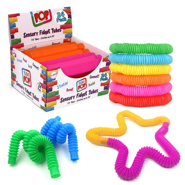 Pop Tubes Sensory Toys 24 Pack, Fine Motor Skills Toddler Toys, Thick Fidget Sensory Toys For Kids And Adults, Learning Toys, 7.5' In Diameter, Stretches Up To 26' By Playkidz