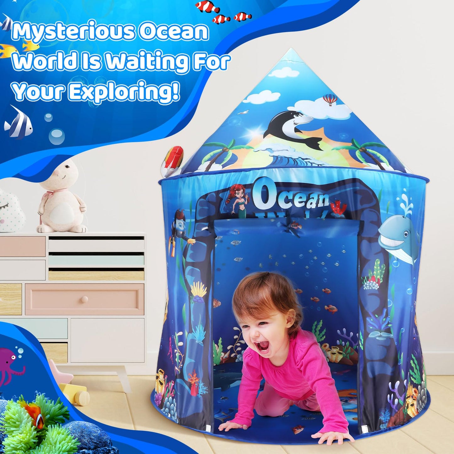 KIRKJUFELL Kids Tent - Ocean Mermaid Playhouse for Toddlers 3-5 - Large, Colorful Polyester, Blue