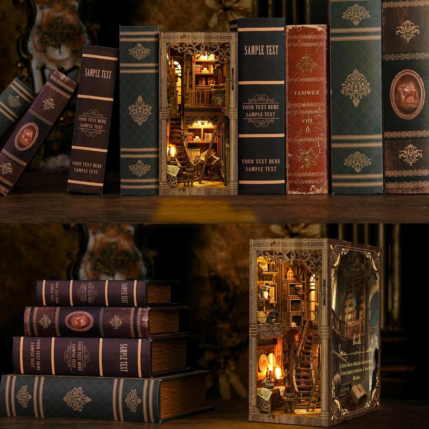 Book Nook Kits for mature-themed  DIY Miniature House Kit 3D Wooden Puzzles Miniature House Booknooks Dollhouse Bookend Bookshelf Insert Decor with LED Light Gift - Ancient Book Collection Room