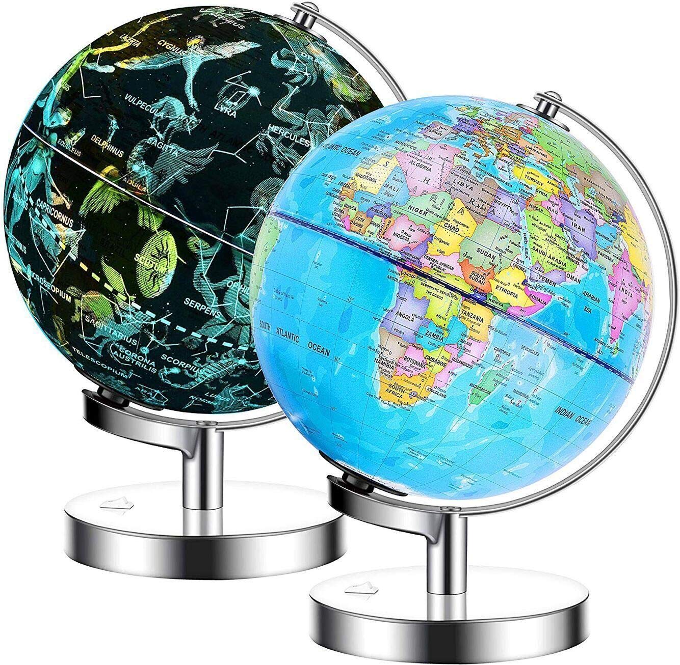 Exerz Illuminated World Globe 9.1-Inch Diameter Metal Base - Political Map (Day) Constellation Globe (Night) - 2 In 1 Light Up Cable Free Led Lamp