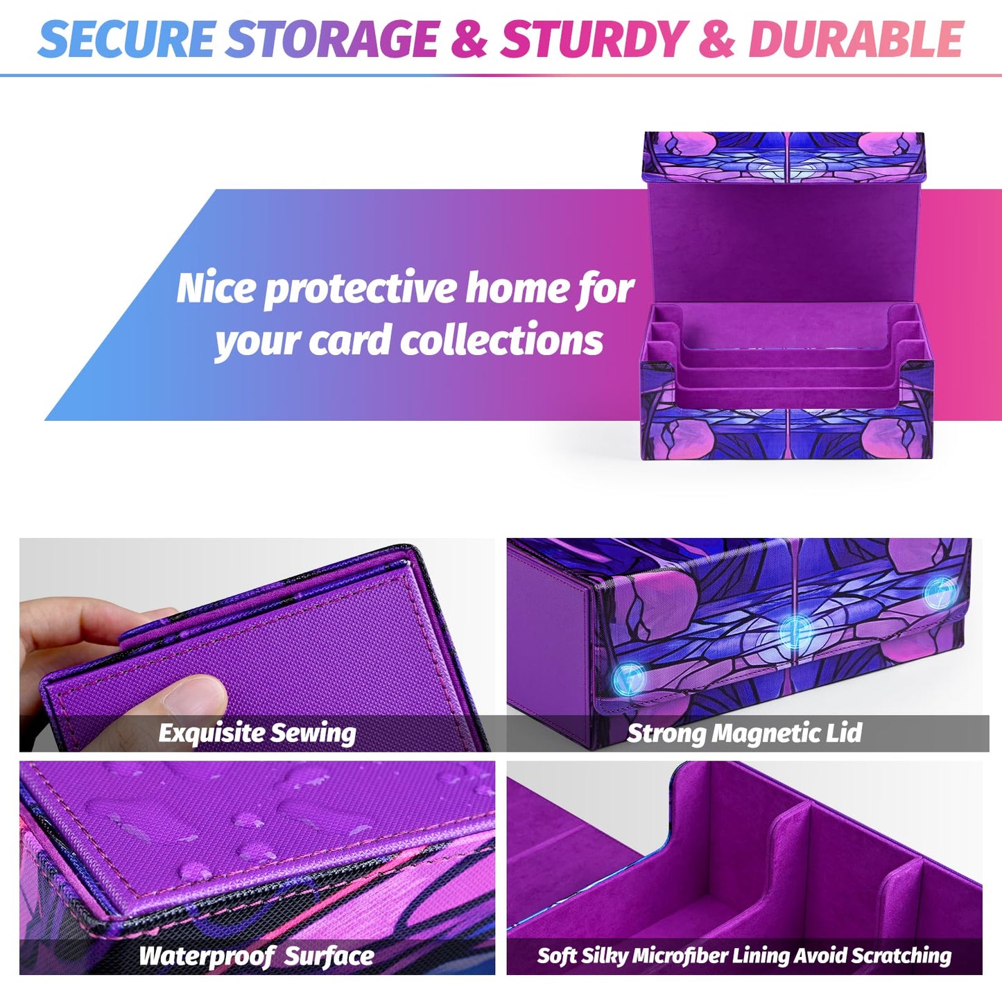 Uaono Card Storage Box For Mtg, Trading Card Deck Box Holds 1800+ With 6 Dividers, Leather Printing Magnetic Closure Card Storage Case Fits Tcg Ccg Sports Cards (Purple,Skull)