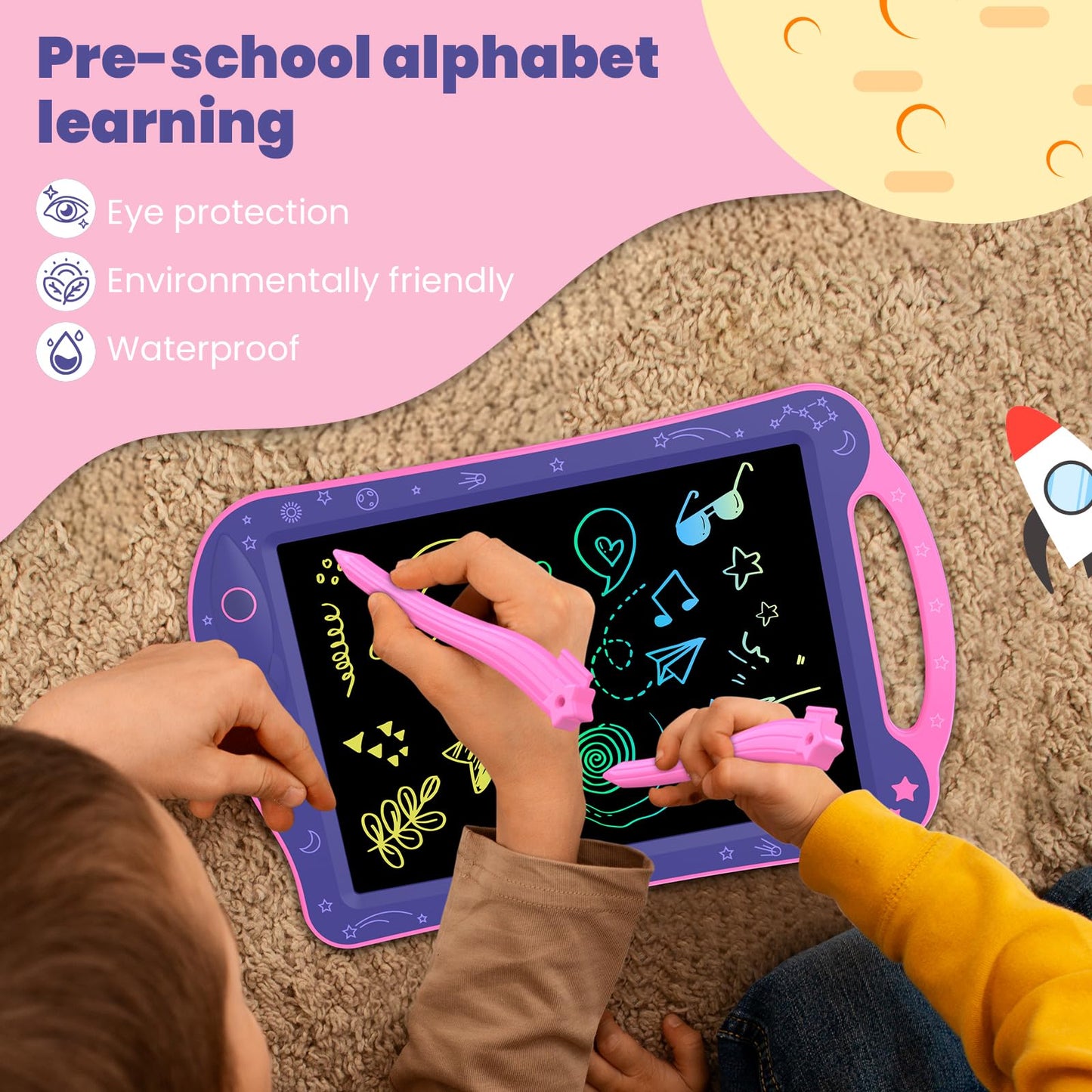 Lcd Kids Drawing Tablet, Guyucom Colorful Doodle Board For Toddler 3 4 5 6 Years Old, Writing Tablet Bluey Educational Toy Travel Essentials, Christmas Birthday Gift Presents For Boy/Girl(Purple/Pink)