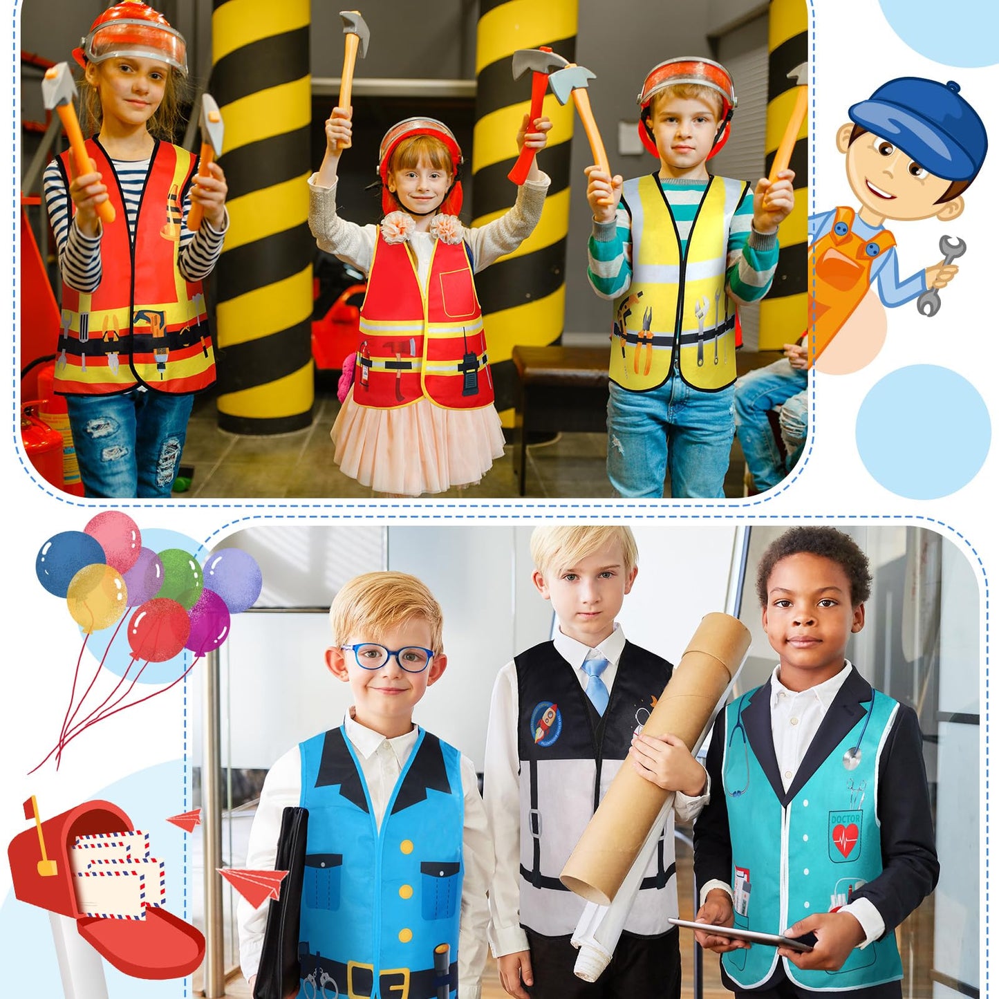 20 Pcs Kids Community Helper Dress Up Vest Career Costumes Role Play Career Cosplay Clothes Pretend And Play Costume For Kids Dress Up Doctor Police Fireman Car Racer Cowboy Farmers Worker Pirate