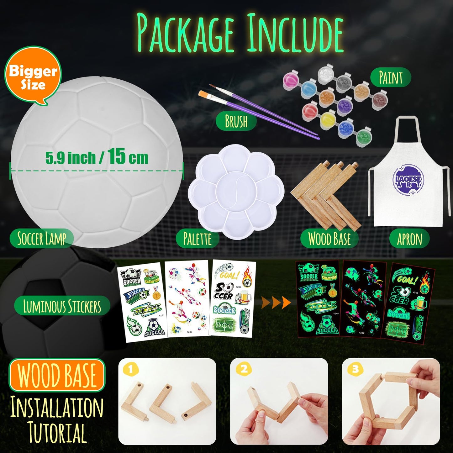 LAOESE Paint Your Own Soccer Ball Lamp Kit, DIY 3D Night Light with Soccer Stickers & Wooden Stand, Art Supplies Creativity Arts