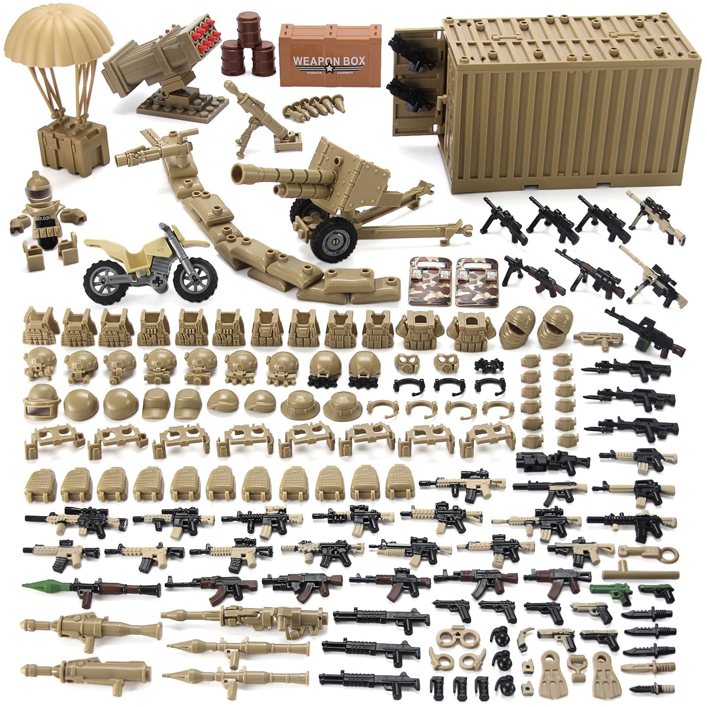 Desert Tan Army Accessories Kit 325 Pcs Military  Pack Gear E.O.D Suit NVD Helmet Shipping Container protective coveringy Building Block Toy for Soldiers Compatible with Major Brands