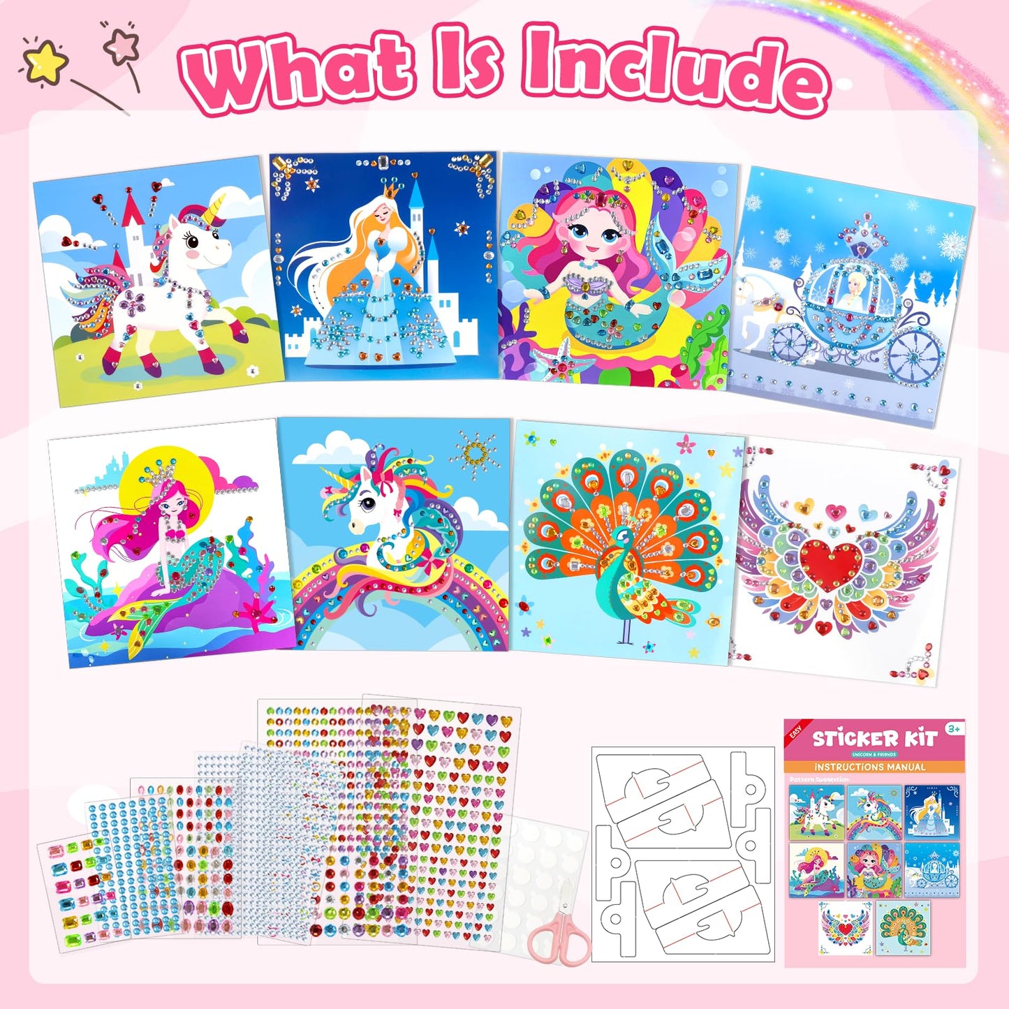 Fortand Gem Art Sticker Kit for Kids, 9x9 Inch, Pink-Unicorn, 8 Unicorn Themes, Crafts for Ages 4-12, Ideal Christmas Birthday Gift