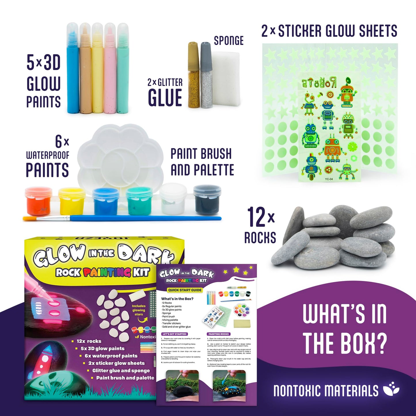 JOYEZA Rock Painting Kit Glow in The Dark, Arts and Crafts for Girls and Boys Age 6+, 12 Painting Rocks for Kids, Waterproof Pai