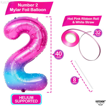Katchon, Giant Rainbow 2 Balloon Number - 40 Inch | Pink Number 2 Balloon, 2Nd Birthday Decorations For Girl | 2 Galaxy Balloon, Two Year Old Birthday Decorations Unicorn | Galaxy Party Decorations