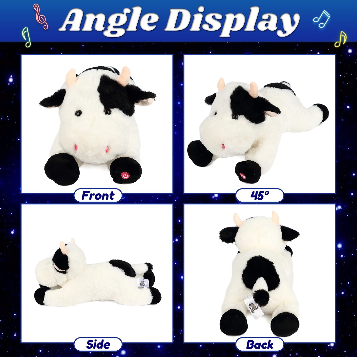 Cuteoy Musical Plush Cow Stuffed Animal Soft Glowing Led Light-Up Nightlight Toys Singing Lullabies Birthday Christmas Plushies Gifts For Kids Boys Girls,15.5'
