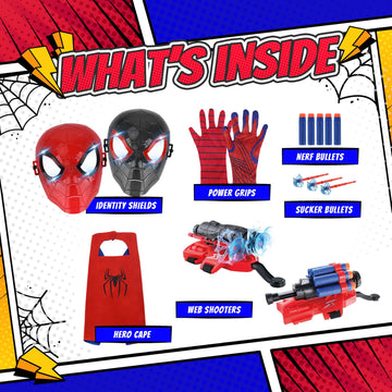 Capexia Superhero Web-Slinging Toy Set - 2 Web Shooters, 2 Masks, Gloves & Cape, Red/Blue/Black, Ages 3+, Indoor/Outdoor Role-