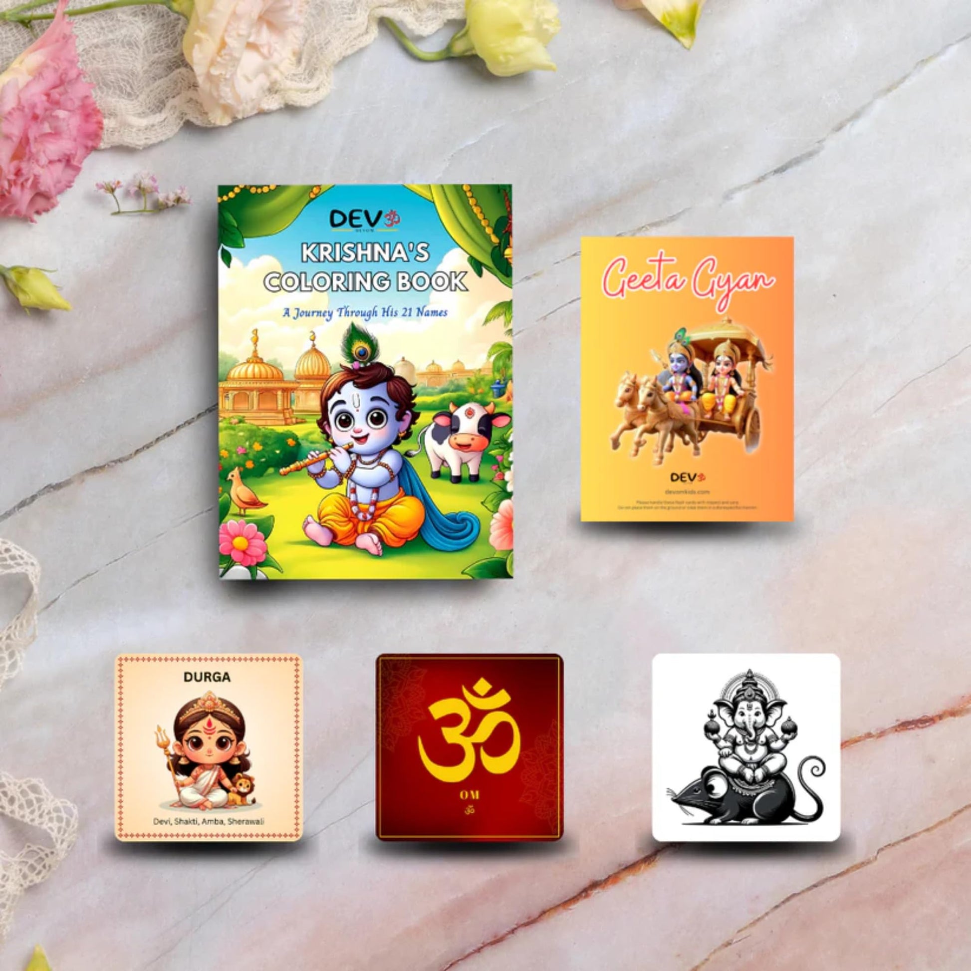 Devom Combo Set Of 4 Hindu Flash Cards & Shri Krishna Coloring Book For Kids | Geeta Gyan, Mantra, Hindu Symbols, High Contrast 