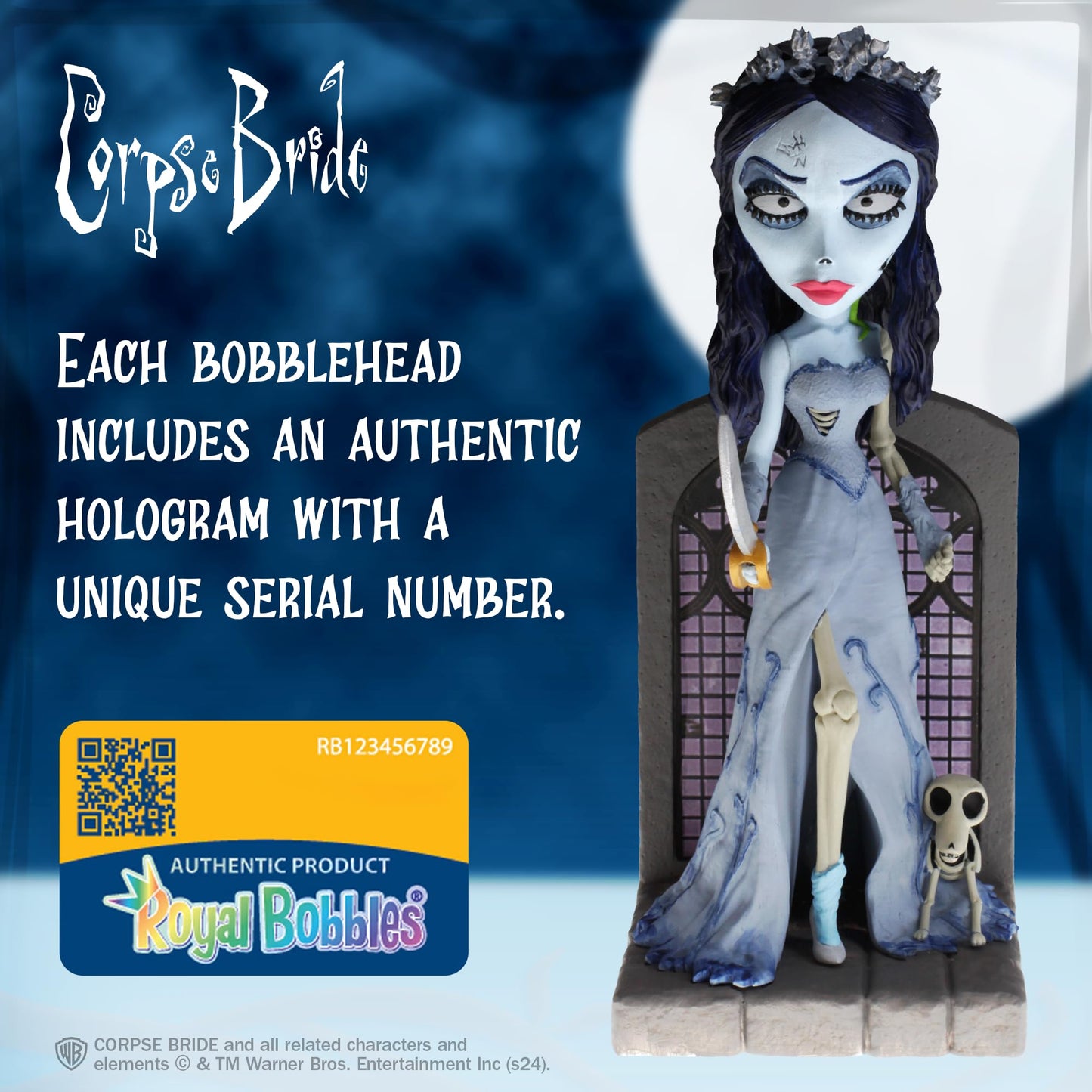 Royal Bobbles Emily The Corpse Bride with decorative replica blade  Maggot and Scraps - 7.5 Inches Tall - Collectible Bobblehead Statue
