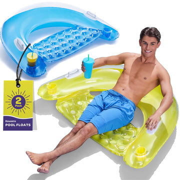 Pool Floats Adult [Set Of 2] Inflatable Chair Floats With Cup Holders & Handles - Happy Colorful Pool Floaties - Pool Float Come