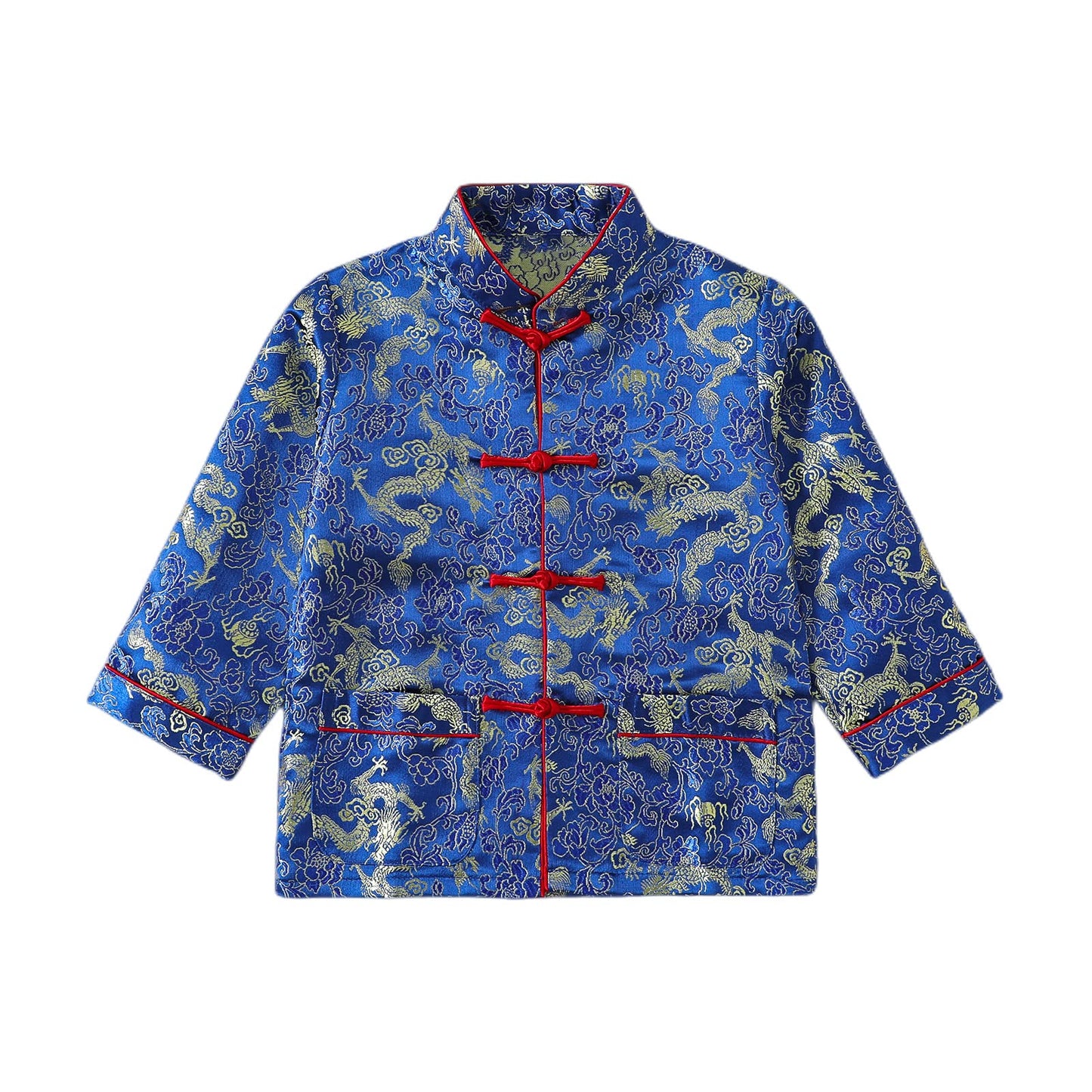 Boy Tang Suit Dragon Long Sleeve Shirt Chinese New Year Outfit Chinese Traditional Clothes For Kids (Blue,6-8 Years)