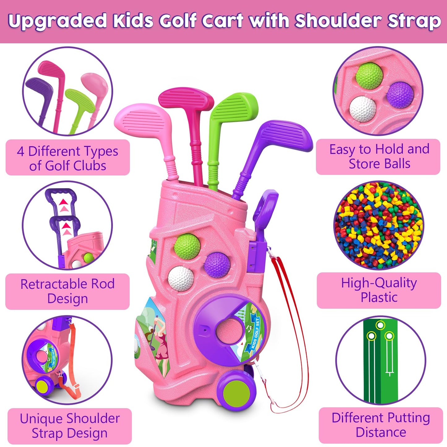Letapapa Toddler Golf Set With Putting Mat, 4 Clubs, 8 Balls, 2 Practice Holes For Kids 3-5 Years Old, Indoor Outdoor Sports Toys With Shoulder Strap, 20 Pieces