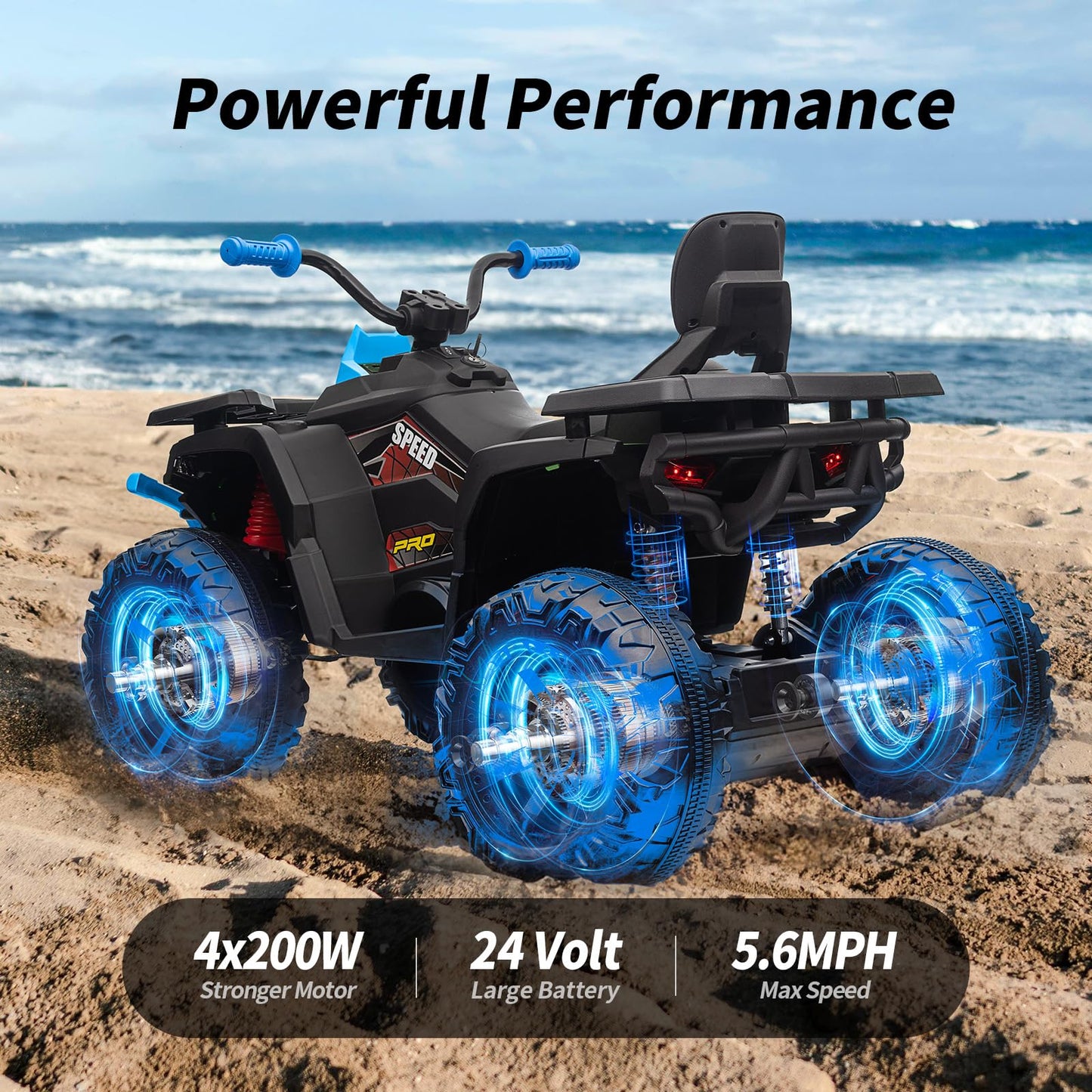 Hikiddo Kids Atv 4 Wheeler, 24V 4Wd Electric Atv Ride On Toy For Big Kid With 2-Seater, 4X200W Motor - Blue
