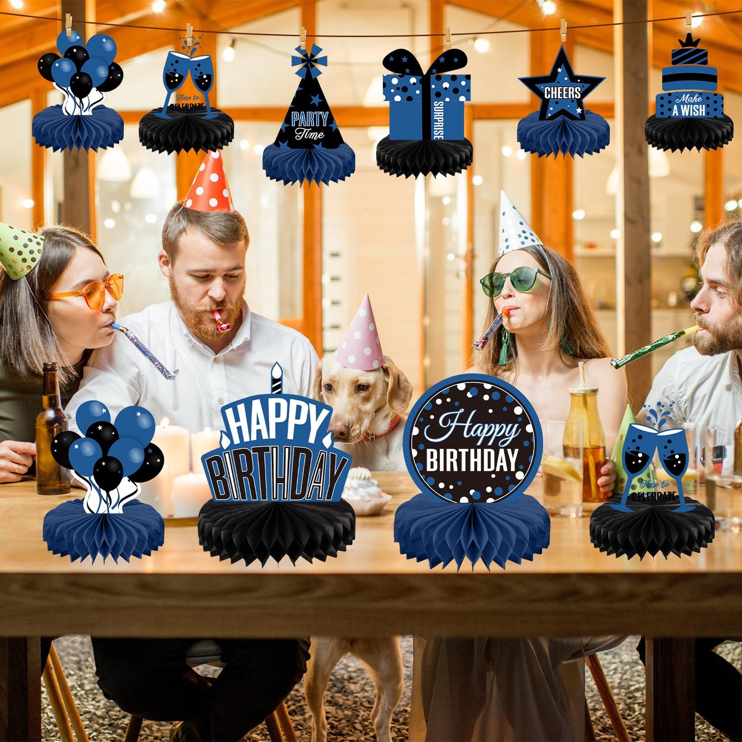 Pajean 8 Pieces Blue and Black Birthday Party Honeycomb Centerpieces Blue Black Table Centerpieces Decorations Table Centerpiece