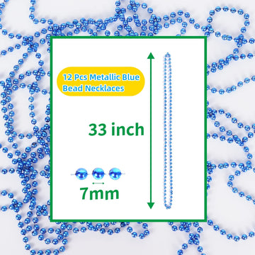 ZZYFGH 33'' 7mm Metallic Blue Bead Necklace Bulk, Mardi Gras Round Beaded Necklaces for Party Favors Costume Necklace (12 Pcs)