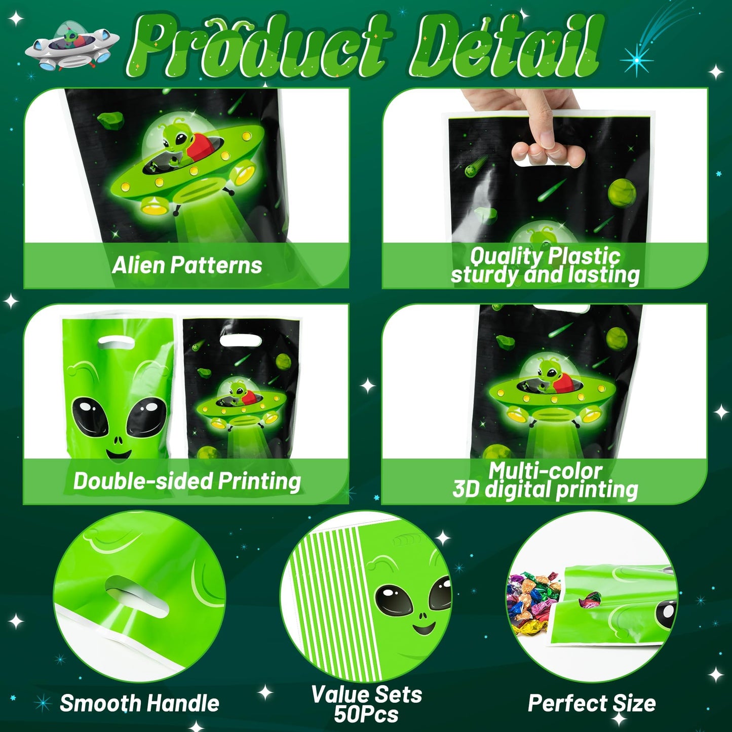 ArianQicult Alien Party Favor Bags - 50Pcs Fun Alien Party Gift Bags, Green Alien Goody Candy Treat Bags, Space Theme Party Deco