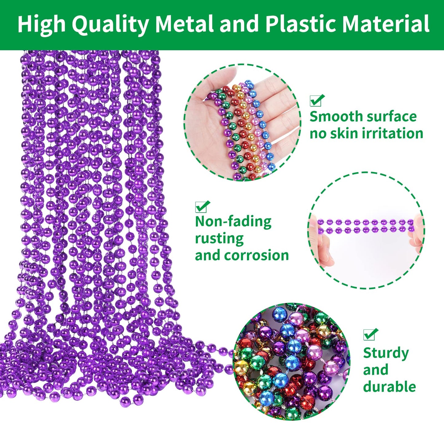YAXINRUI 33 Inch 7 mm Metallic Purple Bead Necklaces, 15pcs Mardi Gras Beads Bulk Round Beaded Necklaces Costume Necklace for Ma