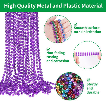YAXINRUI 33 Inch 7 mm Metallic Purple Bead Necklaces, 15pcs Mardi Gras Beads Bulk Round Beaded Necklaces Costume Necklace for Ma