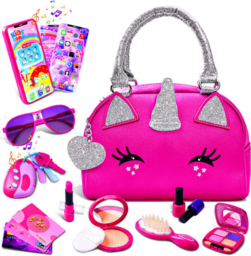 Fftroc Unicorns Pretend Play Toddler Girl Purse With Makeup Toys Set, Little Girls Purse Toys For 3 4 5 6 7 Year Old Girl Gifts,