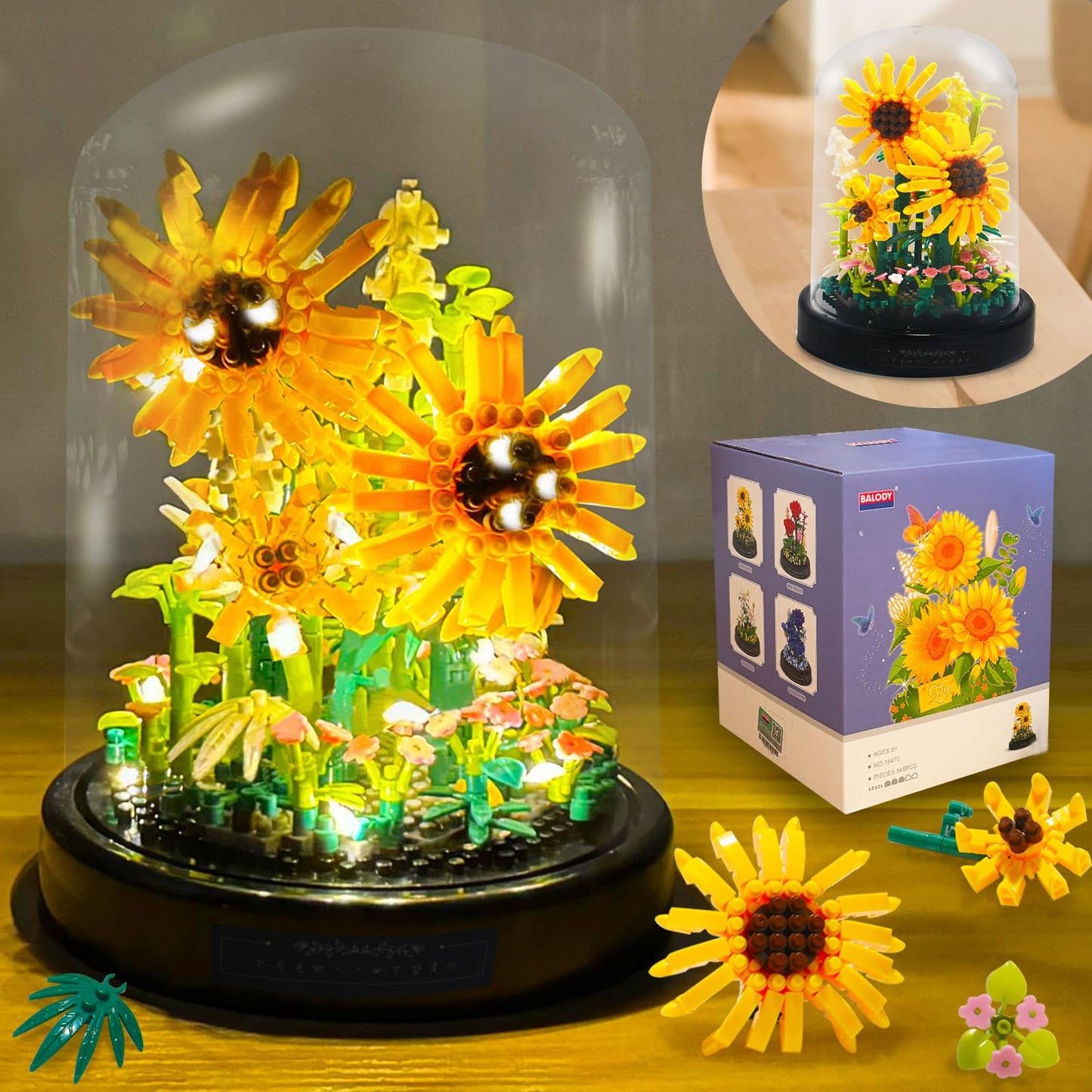 Topdear Sunflwer Building Block With Led String Light And Dust Cover, Flower Bouquet Building Set Gifts For Mothers Day, Valenti