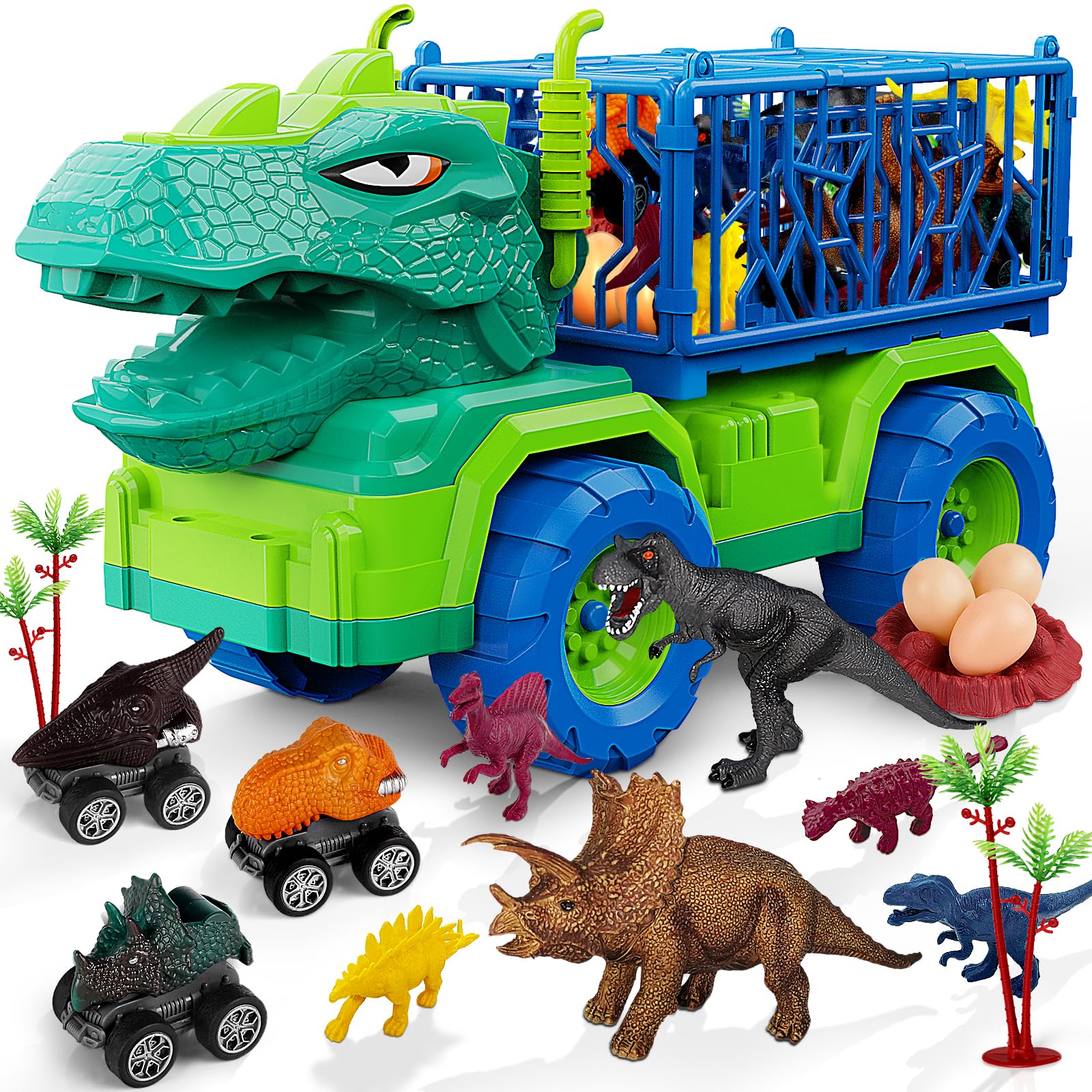 MindPal 19 in 1 Dinosaur Toys for Kids 3-5 5-7, Dinosaur Truck Set for Toddlers with 3 Pull Back Cars, 8 Dino Figures, Christmas