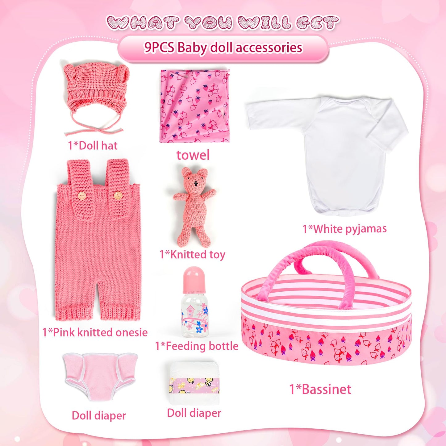 Artst 9Pcs Reborn Baby Doll Accessories With Bassinet,Baby Doll Clothes Knitted Outfit For 17-22 Inch Newborn Girls