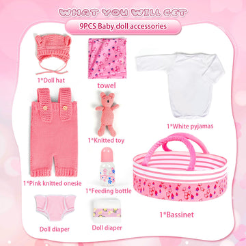 Artst 9Pcs Reborn Baby Doll Accessories With Bassinet,Baby Doll Clothes Knitted Outfit For 17-22 Inch Newborn Girls