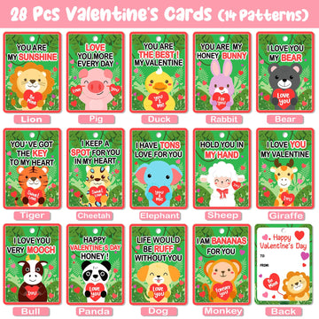 Aitbay Valentines Day Gifts Toys For Kids - 28 Packs Valentines Day Cards With Mini Animal Plush Toy Set - Valentine Exchange Cards Gift Classroom Prize Party Favors School Rewards Gift Exchange