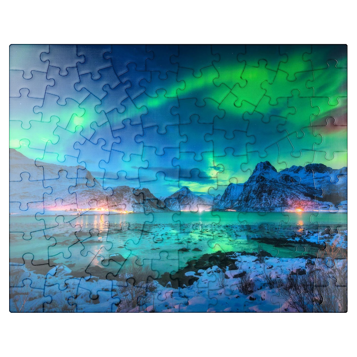 MyPuzzle Aurora Borealis Over Sea Coast  Lights at Night. Northern Lights On Lofoten Islands  Norway - enhanced 100 Piece Jigsaw Puzzle for mature-themeds