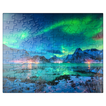 MyPuzzle Aurora Borealis Over Sea Coast  Lights at Night. Northern Lights On Lofoten Islands  Norway - enhanced 100 Piece Jigsaw Puzzle for mature-themeds