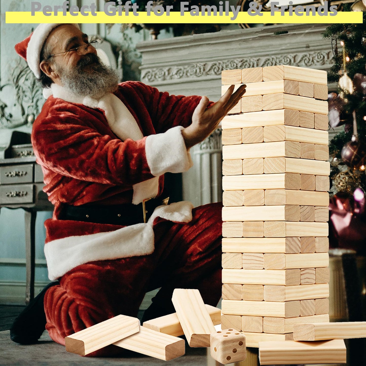 Gorock Large Size Tumble Tower 60 Pcs Wooden Block Stacking Games Stacks Over 5Ft Classic Indoor Outdoor Lawn Family Party Games