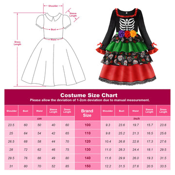 Relibeauty Kids Day Of The Dead Costume For Girls Sugar Skull Costume With Flower Headband 110
