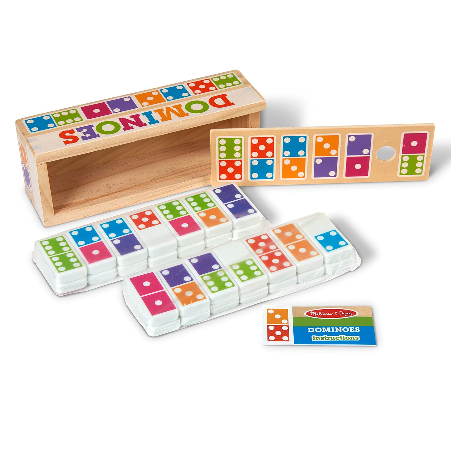 Melissa & Doug Dominoes Game - 28 Colorful Wooden Tiles in Storage Box, Multi-color