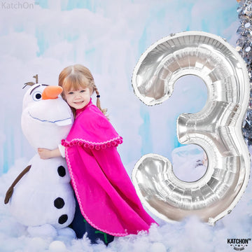 Katchon, Big Silver Number 3 Balloon - 40 Inch | 3 Birthday Balloon, 3Rd Birthday Decorations For Girls | 3 Balloon Number, 3 Year Old Balloons Birthday | Silver 3Rd Birthday Decorations For Boys