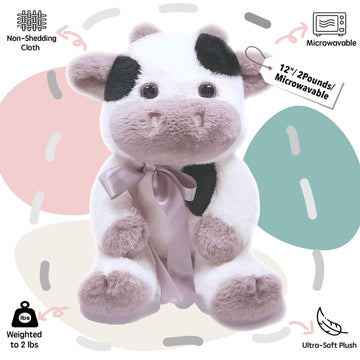 Uoozii Warmable Cow Stuffed Animal - Microwavable 12'' | 2 Pounds Unscented Weighted Stuffed Animals Non-Shedding Cow Plush Cool