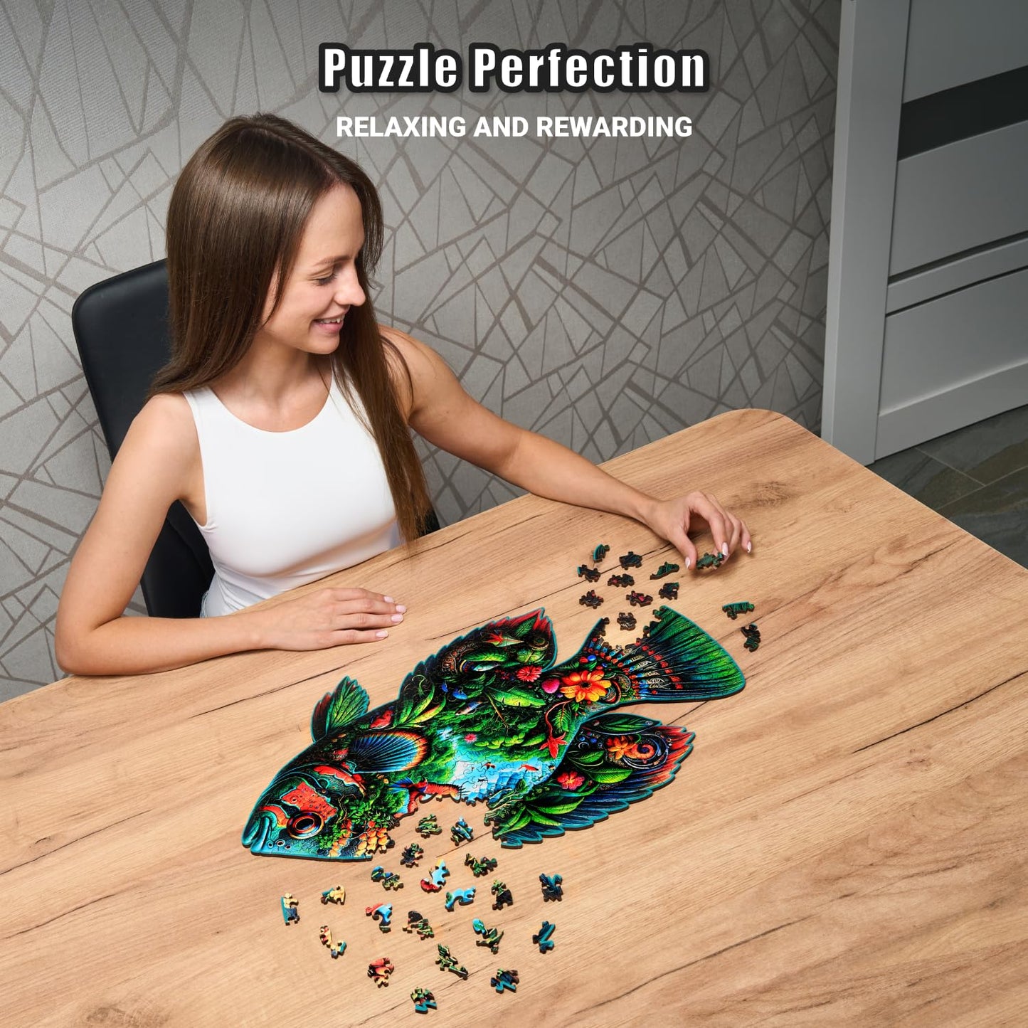 Fish Fantasia - 350 Piece Wooden Puzzles for mature-themeds - 21.2 x 12.7 in - Extra-Thick 5 mm Wood Puzzle  Hand-Shaped Pieces  Marine Life Mosaic Design - enhanced Gift for Puzzle Lovers by LEOGOR