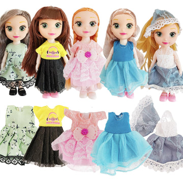Jing Show Bussiness 5 Sets Doll Clothes For 6 Inch Doll ,Include 5 Pieces Girl Mini Dolls, 5 Sets Handmade Doll Clothes And 5 Pairs Of Doll Shoes